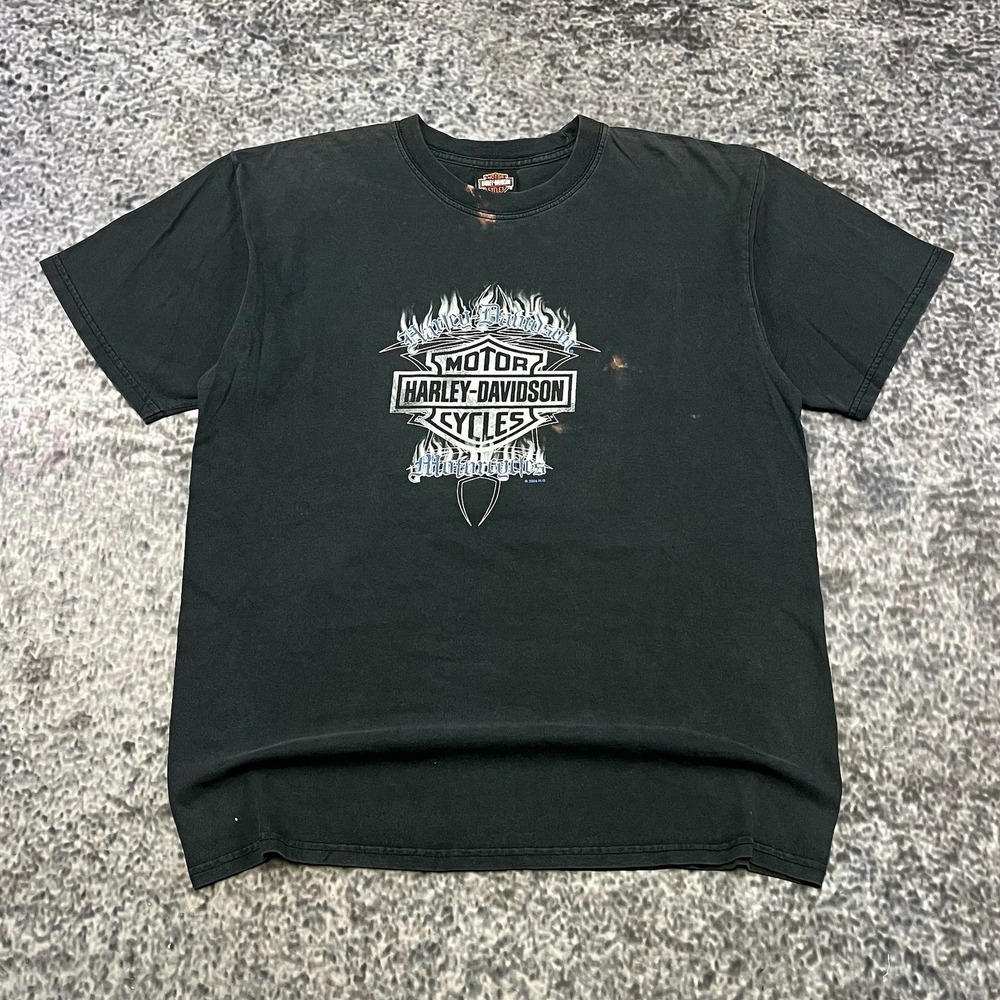 VTG Harley Davidson T Shirt Mens Large Black Distressed 2004 Flames North Canton